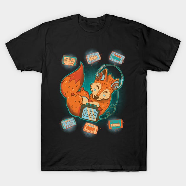 Cute fox tape deck music T-Shirt by Norse Dog Studio